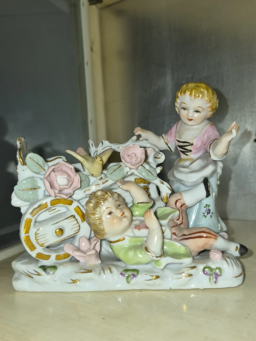 Vintage Hand-Painted Porcelain Shabby Chic  Children & Floral Cart Mold 4962